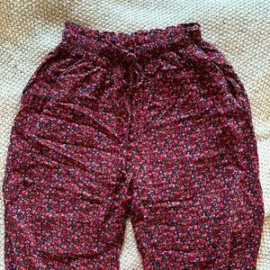 American Eagle Full-Length Floral Crepe Pants With Drawstring & Pockets